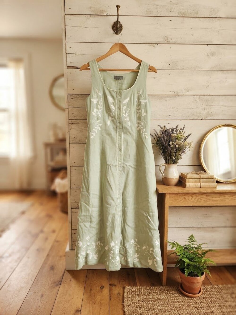 NWT Rachel Zoe Dress Womens Size L Sage Green Floral Embroidered Boho Cottage